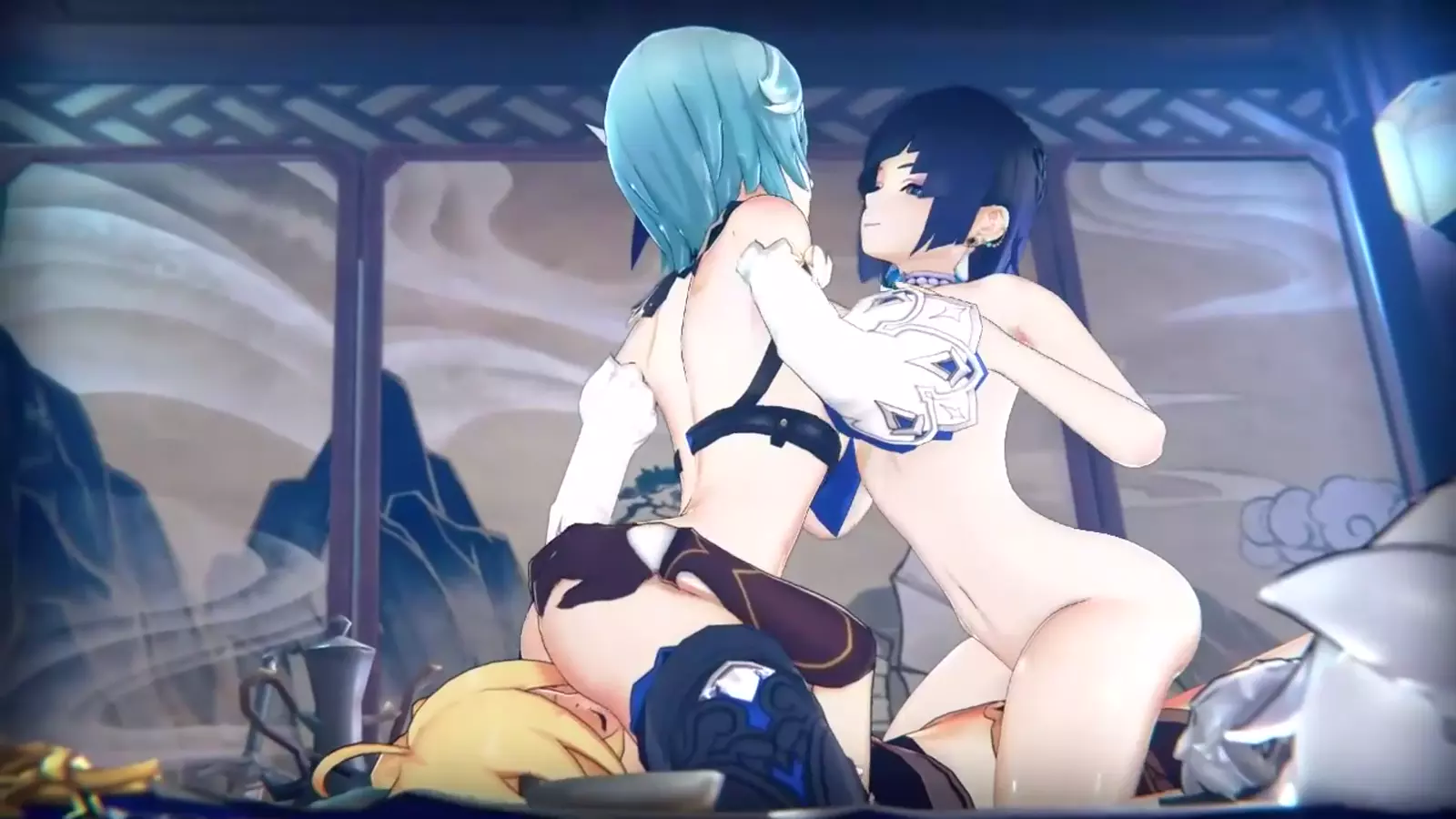 Black haired anime inside girl large with uppe engaged in solo autoeroticis