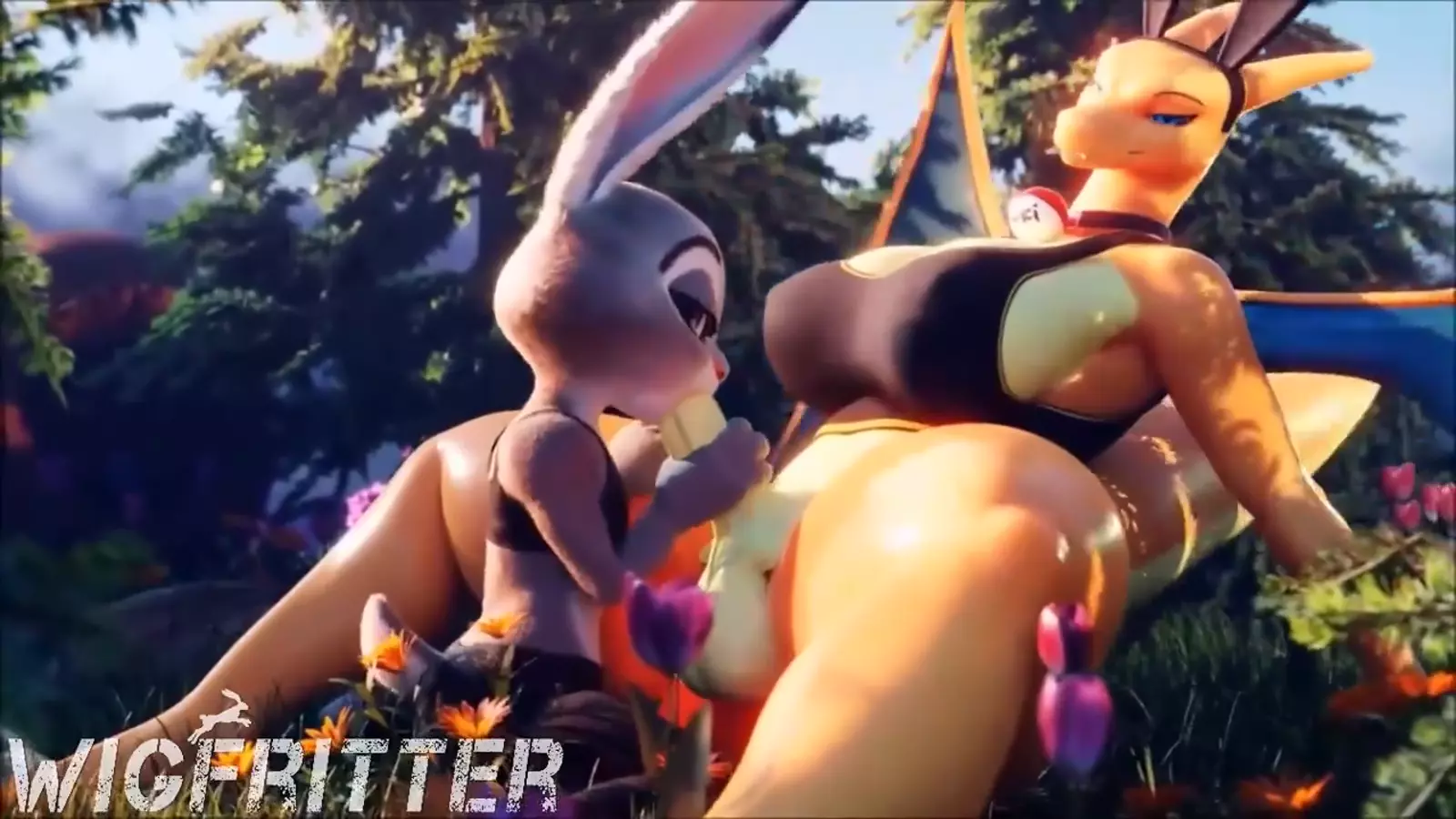 Two rabbit eared characters in a suggestive pose