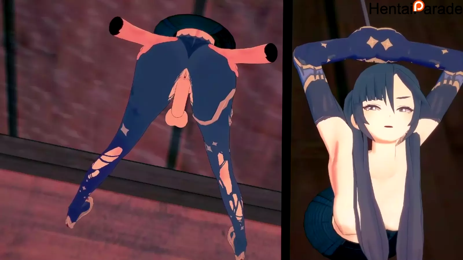 A woman transforming into a hentai character in her leggings