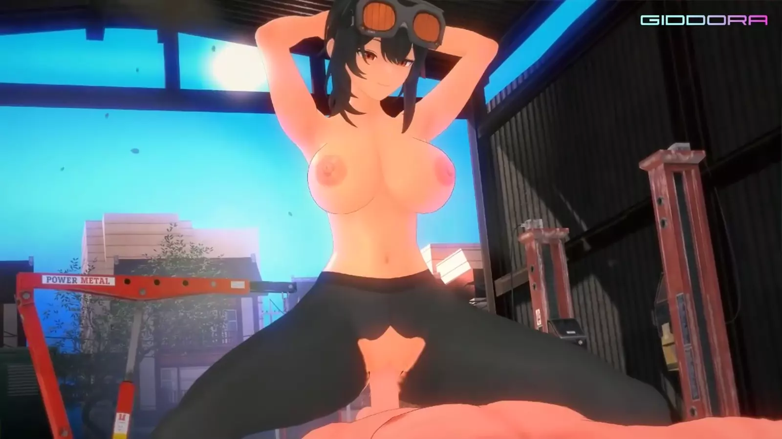 Woman with dark fringe seductively dancing in hentai a environment