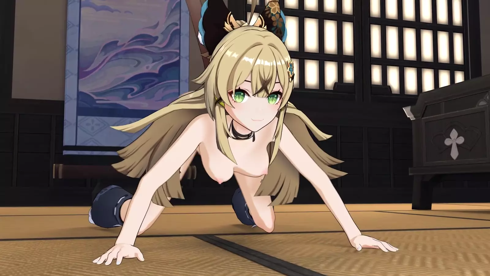 Hentai girl demon with a long long hairlike projection in a seductive pose