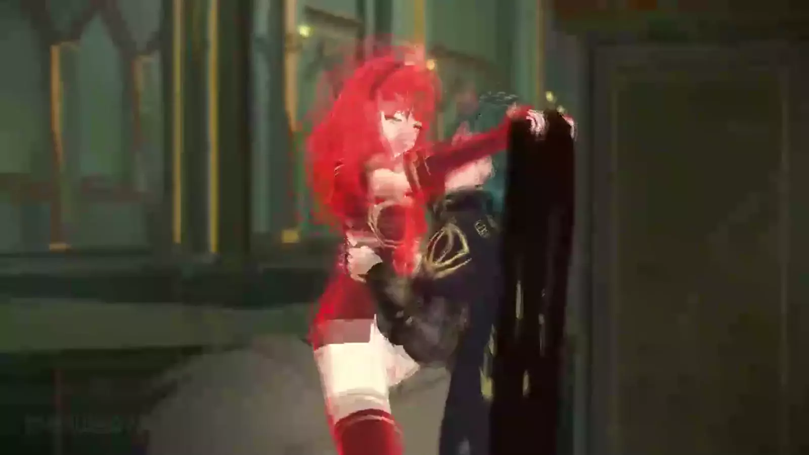 A hentai character using a longsword for step vaginal thrusting