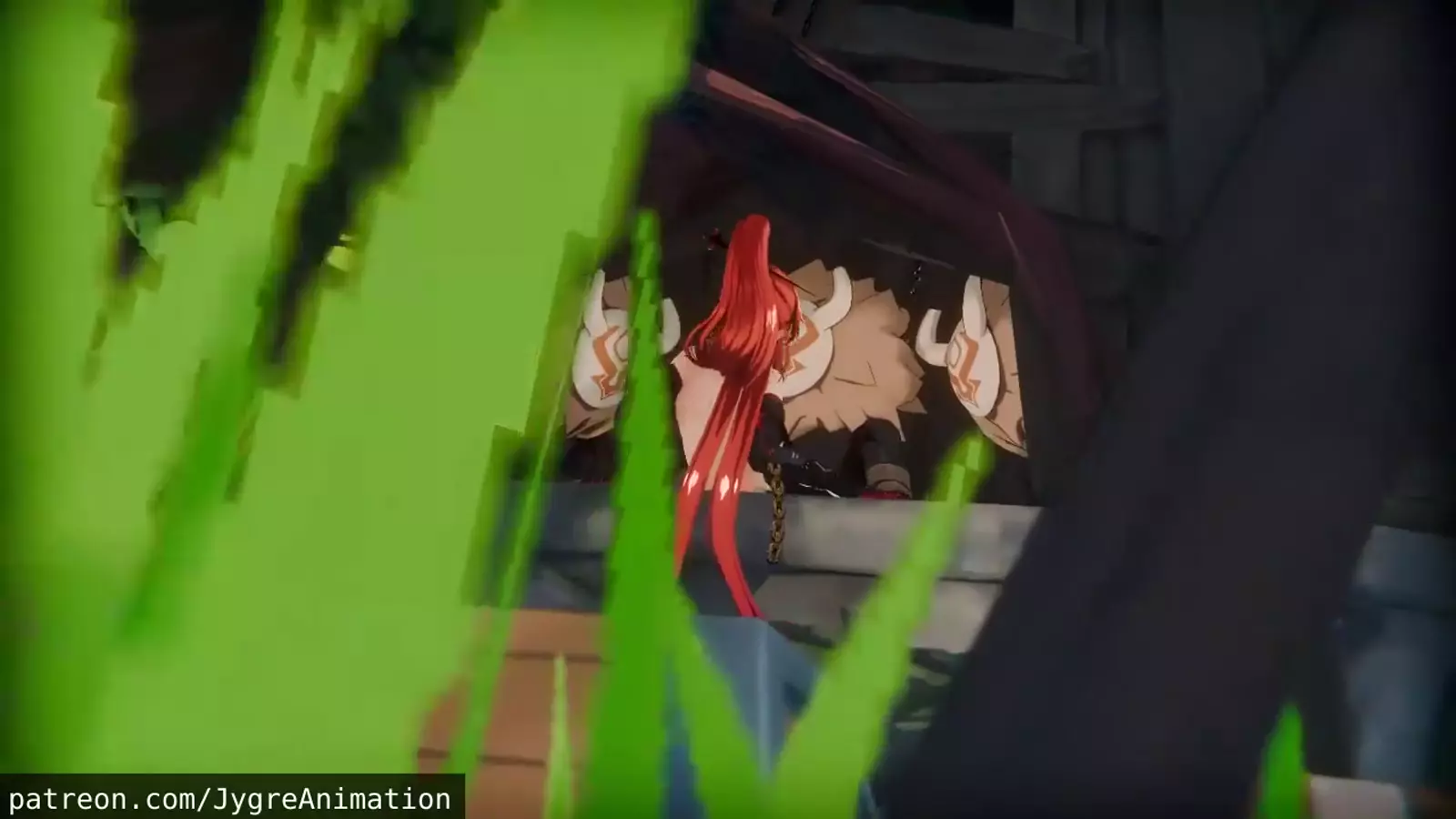 Shaggy character with a long long hairlike projection in motion